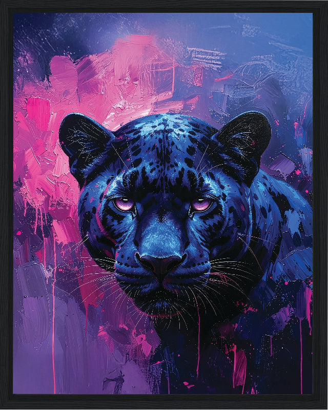 Blue panther against a vibrant purple and pink abstract background frame canvas print wall art