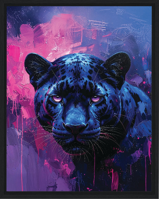 Artistic depiction of a blue panther with a vibrant, abstract background framed canvas print wall art