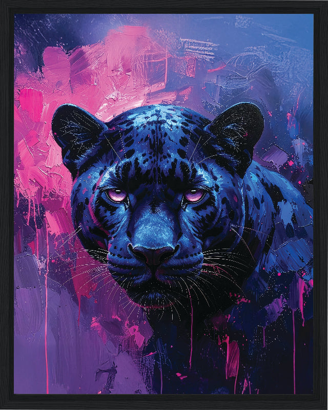 Blue panther against a vibrant purple and pink abstract background frame canvas print wall art