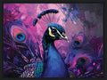 Colorful peacock illustration with vibrant purple and blue hues on a abstract background framed canvas print wall art