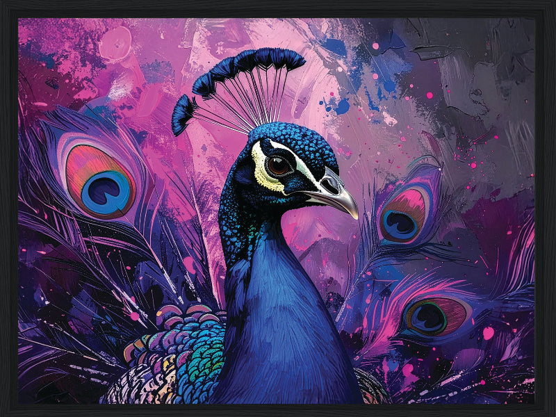 Colorful peacock illustration with vibrant purple and blue hues on a abstract background framed canvas print wall art
