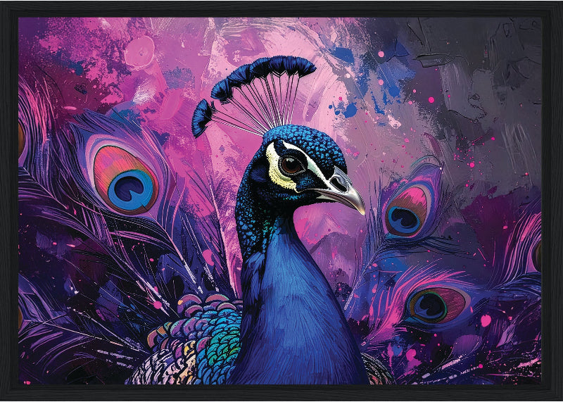 Colorful peacock illustration with vibrant purple and blue hues on a abstract background framed canvas print wall art