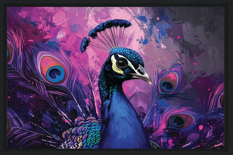 Colorful peacock illustration with vibrant purple and blue hues on a abstract background framed canvas print wall art