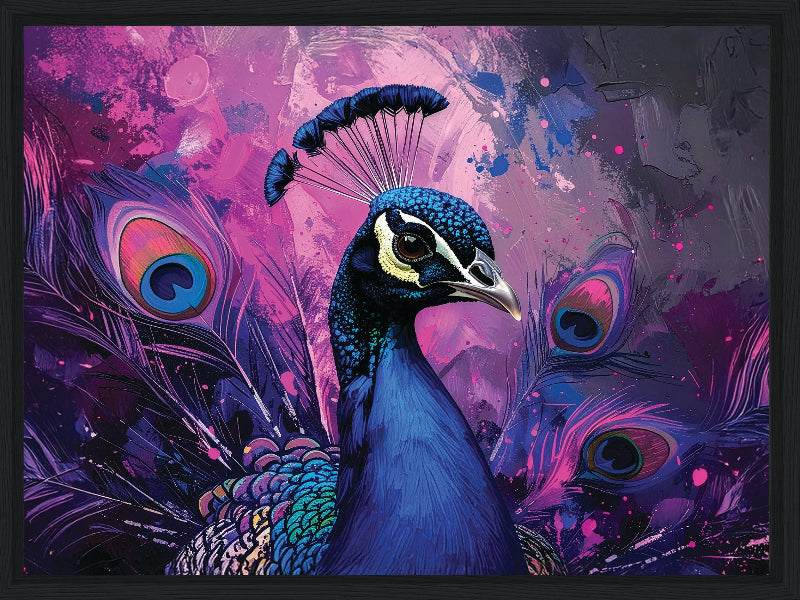 Colorful peacock illustration with vibrant purple and blue hues on a abstract background framed canvas print wall art