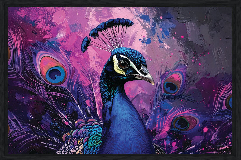 Colorful peacock illustration with vibrant purple and blue hues on a abstract background framed canvas print wall art