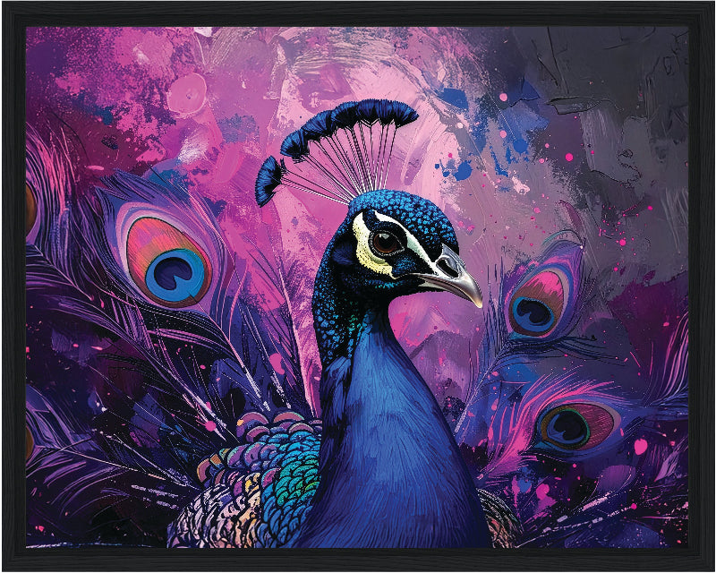 Colorful peacock illustration with vibrant purple and blue hues on a abstract background framed canvas print wall art