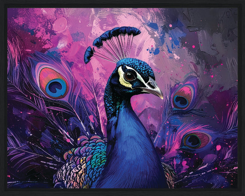 Colorful peacock illustration with vibrant purple and blue hues on a abstract background framed canvas print wall art