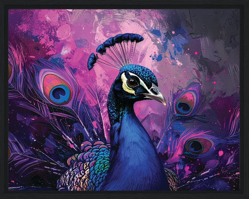 Colorful peacock illustration with vibrant purple and blue hues on a abstract background framed canvas print wall art