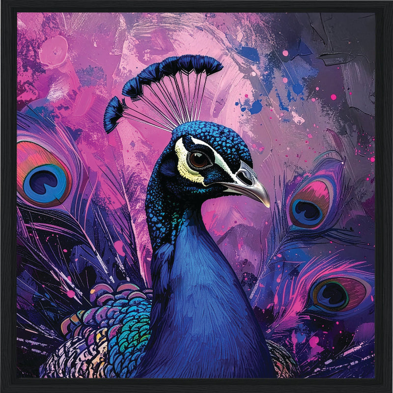 Colorful peacock illustration with vibrant purple and blue hues on a abstract background framed canvas print wall art